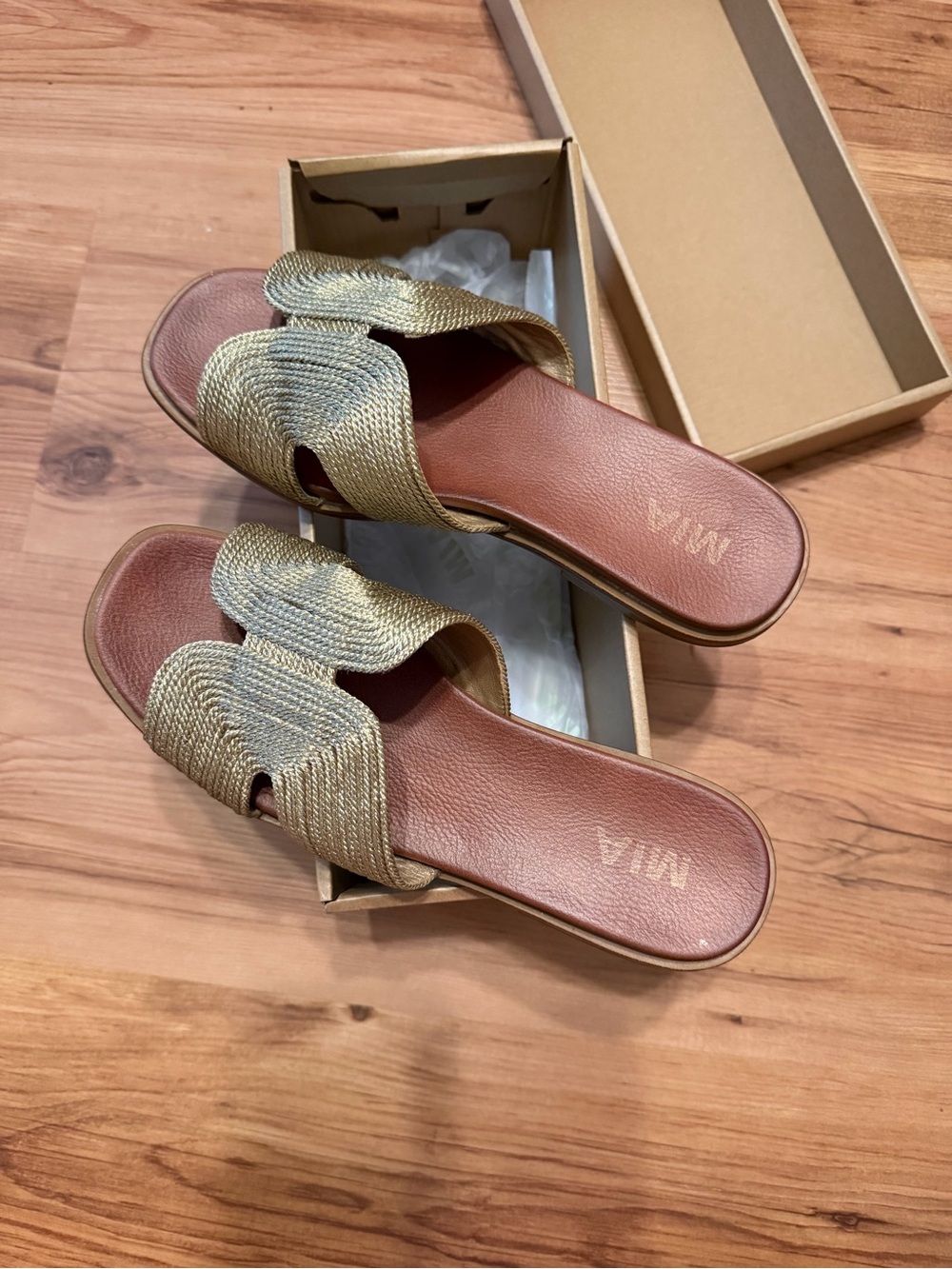 MIA Gold Braided Slide Sandals with Brown Footbed